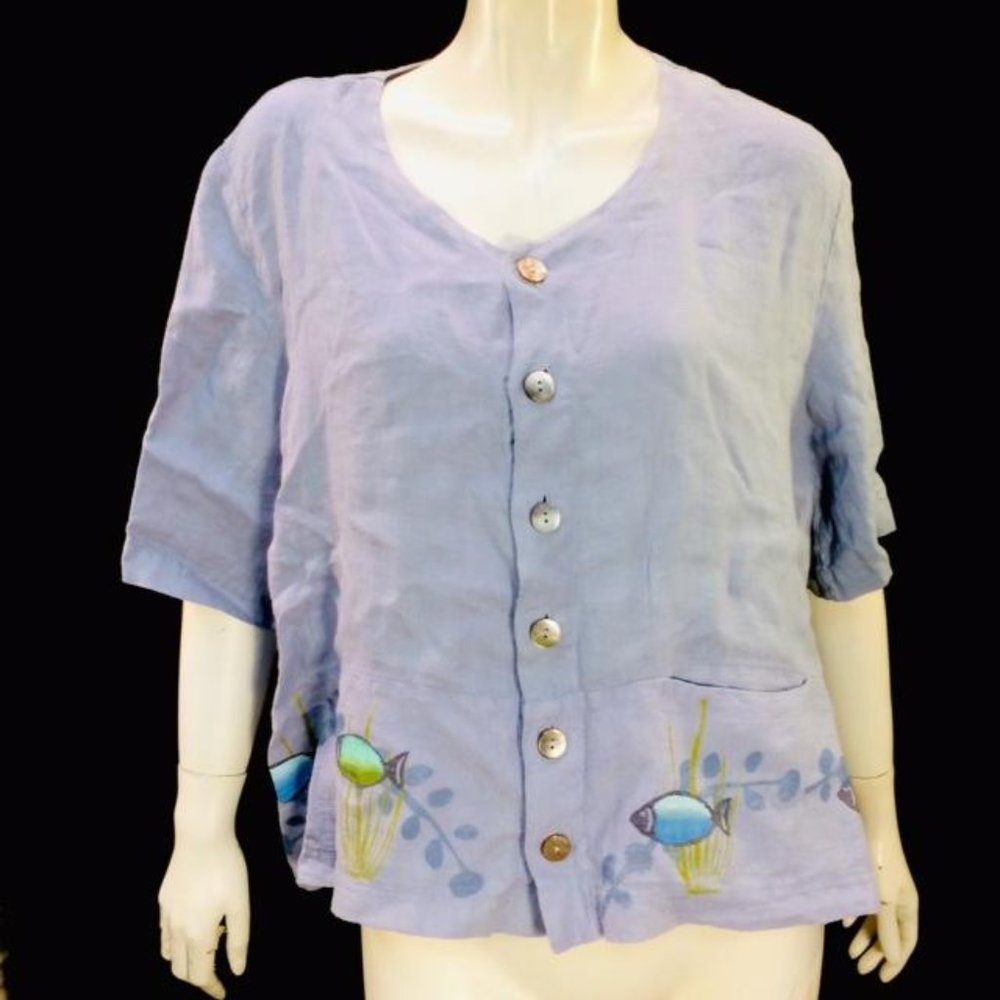 Blue Fish Art to Wear Hand Painted Linen Top